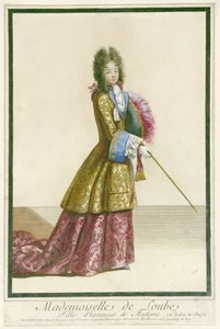 Mademoiselle de Loube, Madames ærespige, i jagtdragt. (titel på objekt)