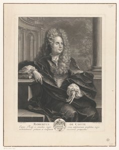 Portræt af Robert de Cotte læner sig op ad en bog i klassisk arkitektur Robert De Cotte (titel på objekt)