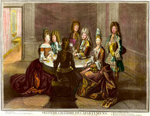 Gården spille kort i det andet soveværelse af lejlighederne i Louis XIV. gravering af Antoine Trouvain (1656-1708)