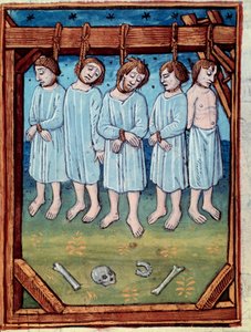 Fem mænd hængt. Miniature i "" chronicles de Saint Denis" Paris, Antoine Verard