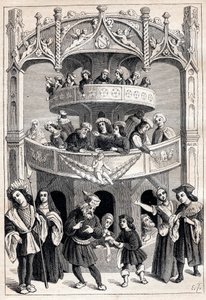 Frontispice af "" Le Grant Therence en Francois"" af Antoine Verard (aktiv 1485-1512) - teatralsk fremstilling i det 16. århundrede af Antoine Verard