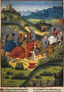 Lancelot i en kamp - VERARD, Antoine (1400-tallet). engelsk forlægger og boghandler.; LANCELOT (6. årh.). Ridder af kong Arthurs hof. Lancelot i en kamp. Illustration af "Lancelot du Lac" af Antoine Verard (1494). Gotisk kunst. Miniature maleri. FR