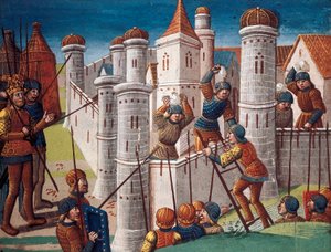 Belejring af en by, miniature fra manuskriptet "Romanen om Ogier the Dane"
