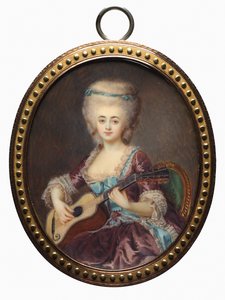 Portræt af en kvinde med en guitar, kaldet Louise DAumont, Mazarin..., slutningen af det 18. århundrede.