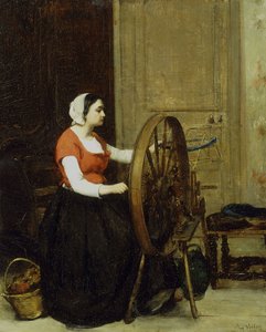 Kvinde og snurrehjul, ca. 1860?