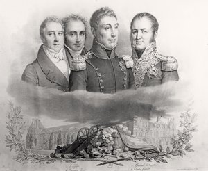 Den provisoriske regering af 29. juli 1830. L til R: Jacques Lafitte (1767-1844), Casimir Perier (1777-1832), General Lafayette (1757-1834) og Comte Etienne Maurice Gerard (1773-1852) 1831 (