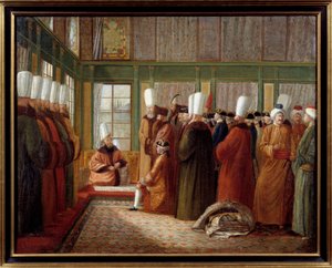 Det Osmanniske Rige: "" Modtagelse af storvesiret af en ambassadør for Frankrig i tjeneste for kong Ludvig XVI i Tyrkiet"" Maleri af Antoine de Favray (1706-1791) 1700-tallets Marseille, Musee de la Marine - Det Osmanniske Rige: Modtagelse af en fransk amb