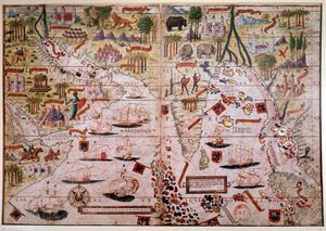 Indes portugisiske søatlas. Side af Atlas Miller-manuskriptet lavet i 1519 af Pierre og Georges Reinel, Lopo Homem (kartografer) og Antoine de Hollande (miniaturist). 16. århundrede. Paris, B N. af Antoine de Hollande