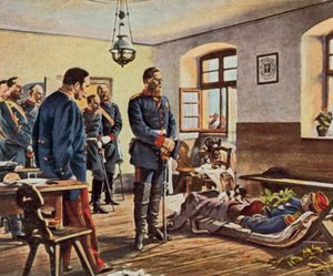 Kronprins Friedrich Wilhelm ved general Douays lig, 4. august 1870 (forstærket farvelitografi)