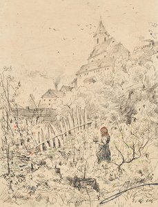 Bondepige i haven, bag hendes kirke og landsby af Anton Brioschi