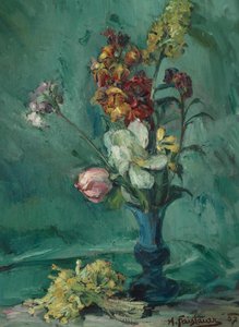 Blomster i blå vase og bundt primula af Anton Faistauer