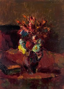 Blomsterbuket med rød dug af Anton Faistauer