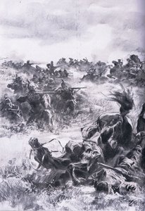 Nederlag til den 14. russiske kavaleribrigade ved Praszysz, fra The Illustrated History of the World War 1914-1915 pub. af Union Berlagsefellfchaft af Anton Hoffman