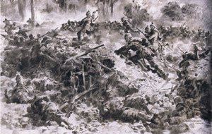 Württemberg-kongens grenaderer bryder igennem fjendens placeringer i Argonnes, fra pubben The Illustrated History of the World War 1914-1915. af Union Berlagsefellfchaft af Anton Hoffman