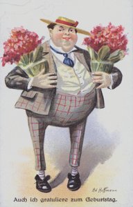Fødselsdagshilsen Kort, der skildrer en mand, der bærer fliser af blomster (Chromolitho) af Anton Hoffmann