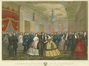 Abraham Lincolns sidste reception, pub. 1865 (håndfarvet litho) af Anton Hohenstein