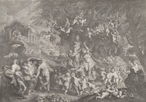 Venusfesten, med grupper af satyrer, nymfer og putti, der danser omkring en statue af Ve..., 1732.