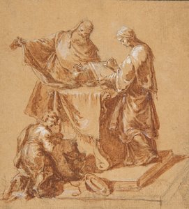 En ypperstepræst, profetinden Anna og en knælende dreng omkring et bord, 1745.