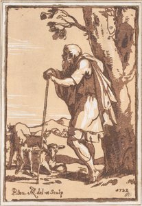 Ældre hyrde lænet op ad en stav, 1722.