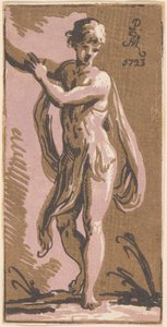 En stående ungdom, der gestikulerer til højre af Anton Maria Zanetti I, after Parmigianino