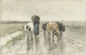 En hyrde med køer på en landevej i regnen En bondekone med køer på en landevej i regnen af Anton Mauve