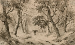 A Wood Gatherer in the Forest (brunt blæk & vask på buff-papir)