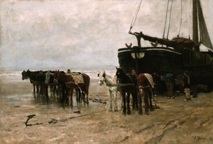 Hollandsk: Bomschuit med slæbeheste på Scheveningen-stranden Fiskebåd med slæbeheste på Scheveningen-stranden af Anton Mauve