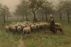 Hyrdinde med en flok får. Omkring 1870-88