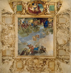 Apollon og Athene belønner Talenter og Minerva flankeret af karyatider og medaljoner forestillende Mars, Venus, Herkules og Cybele, af Anton Raphael Mengs af Anton Raphael Mengs