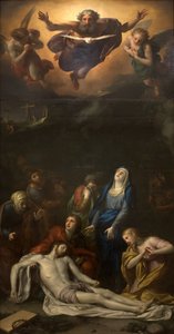 Nedstigningen fra korset - Blandt karaktererne repræsenteret omkring Jesu Kristi legeme: Sankt Josef af Arimathea, Sankt Nikodeme, Sankt Maria Magdalena, Jomfru Maria og Sankt Johannes Evangelisten - Repræsentation af den hellige treenighed (Gud, Jesus Chr af Anton Raphael Mengs
