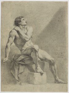 Siddende mandlig nøgenfigur, vendt skråt mod højre, med blikket rettet opad af Anton Raphael Mengs