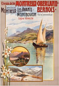 Plakatannoncering Montreux-Oberland-Bernois togrejser, ca. 1910 (farve litho)