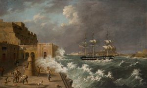 Harbour Scene, Malta (olie på kort) af Anton Schranz