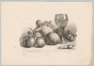 Stilleben med glas, blommer, citron, vindruer og hasselnødder Blomster- og frugtstudier (...) 10. afsnit (serietitel) af Anton Weiss