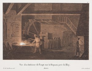 Interiør af en smedje nær Huy, Belgien, indgraveret af Jean-Baptiste Jobard (1792-1861) (tonet litho) af Anton de after Howen