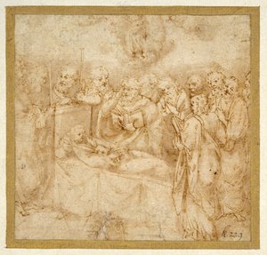 The Dormition of the Virgin (pen & brunt blæk med brun vask på hvidt papir) af Antonello Gaggini