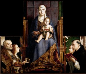 Altertavle af San Cassiano: "" Jomfru og barn omgivet af de hellige Nicholas af Myra eller Bari (270-345), Maria Magdalena, Saint Ursula og Saint Dominica""" Træmaleri af Antonello da Messina (ca. 1430-1479) 1475- 1476 Wien Kunsthistoriske Museum