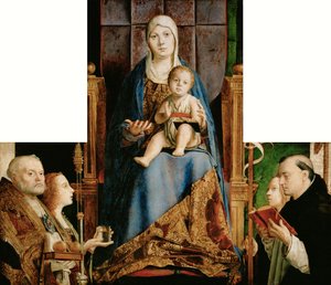 Tysk: Maria med barnet og Sankt Nikolaus af Bari, Anastasia (), Ursula, Dominikus og (overlappet af rammen) Helena San Cassiano altertavle af Antonello da Messina