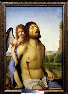 Den døde Kristus støttet af et englemaleri af Antonello da Messina (1430-1479) 1476-1479 Søn. 0,74x0,51 m Madrid, Prado Museum - Den døde Kristus støttet af en engel. Maleri af Antonello da Messina (1430-1479)