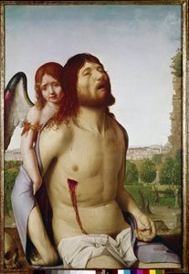 Den døde Kristus støttet af en engel. (olie på panel af Antonello da Messina
