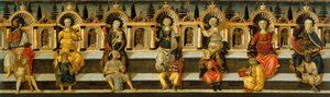 De syv dyder - Værk af Antonfrancesco (Anton Francesco) Guidi, kaldet Scheggia (1441-1476), tempera på træ (49,8x159,3 cm), ca. 1467-1469 - De syv dyder, Tempera på panel af Antonfrancesco (Anton Francesco) Guidi kaldet Scheggia, ca 1467-1469 - M af Antonfrancesco dello Scheggia