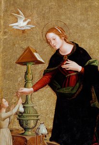 Detalje af jomfruen, fra bebudelsen med kardinal Juan de Torquemada (maleri, ca. 1460) af Antoniazzo Romano
