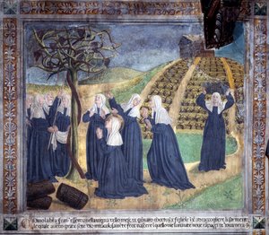 Saint Francoise Romaines liv: helgenen, der vedligeholder vingården med søstrene, får druer til at dukke op i januar (Fresco