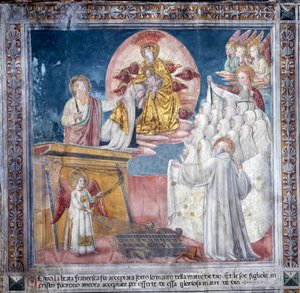 St. Francesca Romanas liv: 1. marts 1433 bliver Francesca i et syn taget af Guds Moder under sin kappe (Fresco)
