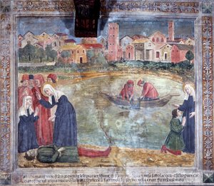 St. Francesca Romanas liv: En mand er opstanden af helgenen efter at være druknet i Tiberen (Fresco af Antoniazzo Romano