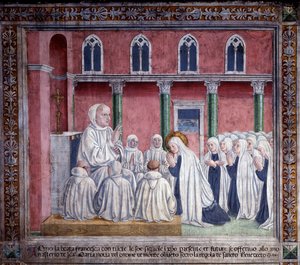 St. Francesca Romanas liv: Helgenen og oblaterne ofrer sig til benediktinerordenen og slår sig ned i kirken Santa Maria Nova, Rom (Fresco)