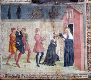 Life of St. Francesca Romana : Helgenen møder en lammet kvinde kaldet Jacobella og lover at helbrede hende (Fresco