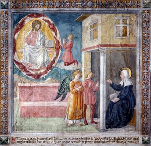 St. Francesca Romanas liv: Helgenens søn, dræbt af byllepesten, viser sig for hende med en engel (Fresco