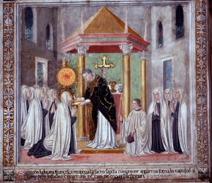 St. Francesca Romanas liv: Da helgenen modtog nadver, dukkede en lysende kugle op over hende (Fresco
