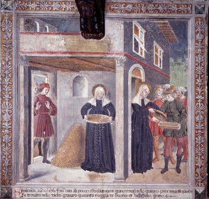 St. Francesca Romanas liv: under en alvorlig hungersnød i 1402 giver Francesca alt sit korn til de fattige (Fresco af Antoniazzo Romano